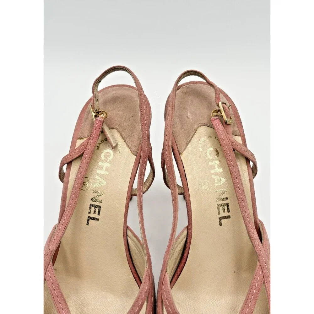 Chanel Pink Suede Slingback Heels Vintage Cap Toe Y2K Size EU 37.5